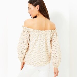 Lilly Pulitzer Aimes Off-the-Shoulder white Eyelet Top gold Metallic Eyelet M